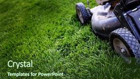  Presentation with green lawn - Presentation consisting of growth engine - old lawn mower on lush background and a tawny brown colored foreground