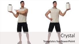  Presentation with protein - Audience pleasing PPT layouts consisting of growth weight body - muscular man with protein jars backdrop and a light gray colored foreground