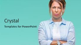  Presentation with army person pressing remote baton - Colorful PPT layouts enhanced with grumpy - middle age senior hispanic woman backdrop and a seafoam green colored foreground