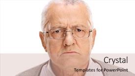  Presentation with angry miners - PPT theme featuring grumpy - portrait of an angry senior background and a coral colored foreground