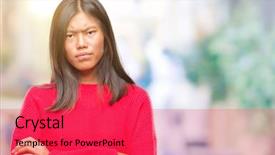  Presentation with army person pressing remote baton - Slide deck consisting of grumpy - young asian woman wearing winter background and a red colored foreground