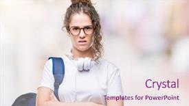  Presentation with student - Presentation having grumpy - young brunette student girl wearing background and a sky blue colored foreground