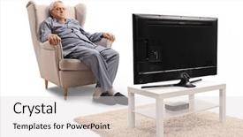  Presentation with television watching - Audience pleasing PPT theme consisting of grumpy mature man in pajamas backdrop and a light gray colored foreground