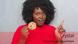  Presentation with african american woman question - Cool new slides with grunge wall eating chocolate chip backdrop and a red colored foreground