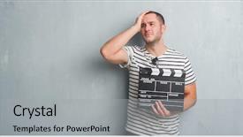  Presentation with clapboard - Beautiful slide deck featuring grunge wall holding movie clapboard backdrop and a light gray colored foreground