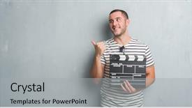  Presentation with clapboard - Colorful slide set enhanced with grunge wall holding movie clapboard backdrop and a light gray colored foreground