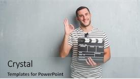  Presentation with grey - Audience pleasing slides consisting of grunge wall holding movie clapboard backdrop and a light gray colored foreground