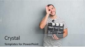  Presentation with grey - Beautiful theme featuring grunge wall holding movie clapboard backdrop and a light gray colored foreground