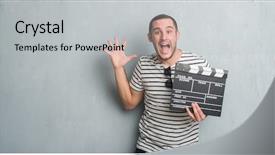  Presentation with clapboard - Slides with grunge wall holding movie clapboard background and a light gray colored foreground