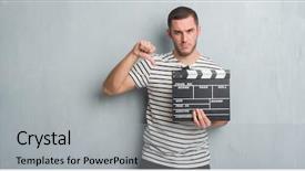  Presentation with grey - PPT layouts consisting of grunge wall holding movie clapboard background and a light gray colored foreground