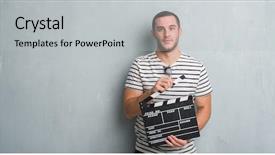  Presentation with grey - Slides with grunge wall holding movie clapboard background and a light gray colored foreground