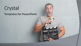  Presentation with grey - Beautiful slides featuring grunge wall holding movie clapboard backdrop and a light gray colored foreground