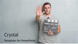  Presentation with clapboard - Colorful PPT theme enhanced with grunge wall holding movie clapboard backdrop and a light gray colored foreground