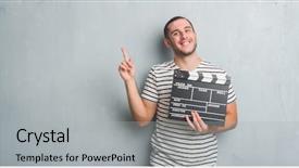  Presentation with grey - Audience pleasing PPT theme consisting of grunge wall holding movie clapboard backdrop and a light gray colored foreground