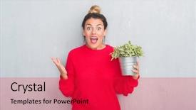  Presentation with woman hands raised to sky - PPT theme featuring grunge wall holding plant plot background and a  colored foreground