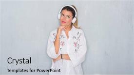  Presentation with listening woman - Cool new presentation theme with grunge wall listening to music backdrop and a light gray colored foreground