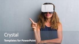  Presentation with business woman standing on maze - Beautiful presentation design featuring grunge wall wearing virtual reality backdrop and a  colored foreground