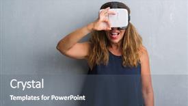  Presentation with eye glasses looking at world - Beautiful PPT theme featuring grunge wall wearing virtual reality backdrop and a gray colored foreground