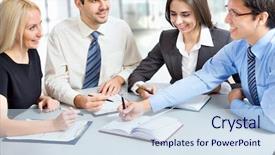  Presentation with business plan - Beautiful PPT theme featuring grupos de trabajo - business team of four plan backdrop and a sky blue colored foreground