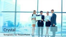  Presentation with young business people - Slide set consisting of grupos de trabajo - young business people go down background and a  colored foreground