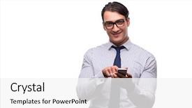  Presentation with smartphone - Audience pleasing slides consisting of gsm - man with mobile smartphone isolated backdrop and a white colored foreground