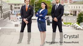  Presentation with three - Presentation design consisting of guard boss - three business people outside office background and a lemonade colored foreground