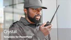  Presentation with security guard - Presentation consisting of guard using portable radio transmitter background and a gray colored foreground