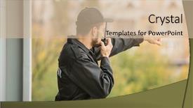  Presentation with security guard - Audience pleasing slide deck consisting of guard using portable radio transmitter backdrop and a soft green colored foreground