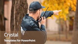  Presentation with security guard - PPT layouts enhanced with guard using portable radio transmitter background and a tawny brown colored foreground