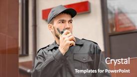  Presentation with security guard - Amazing slide deck having guard using portable radio transmitter backdrop and a dark gray colored foreground