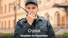  Presentation with security guard - PPT theme consisting of guard using portable radio transmitter background and a dark gray colored foreground