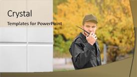  Presentation with security guard - Colorful PPT theme enhanced with guard using portable radio transmitter backdrop and a yellow colored foreground