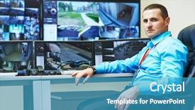  Presentation with security guard - Slide set with guard watching video monitoring surveillance background and a teal colored foreground