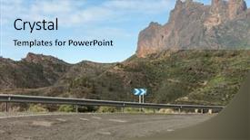  Presentation with blind curve road and - Presentation design featuring guardrails - guardrail on gran canaria road background and a light blue colored foreground