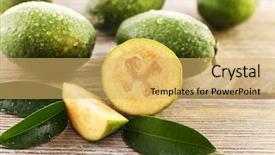  Presentation with guava fruits - Colorful theme enhanced with guava fruits - feijoa on table close-up backdrop and a yellow colored foreground