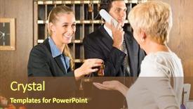  Presentation with front desk - Cool new PPT theme with guest checking in a hotel backdrop and a tawny brown colored foreground