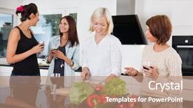  Presentation with community service happy volunteer group - Colorful PPT theme enhanced with guest house - group of happy female friends backdrop and a coral colored foreground