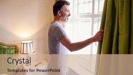  Presentation with curtains - PPT layouts featuring guest opportunity - middle aged man opens curtains background and a coral colored foreground