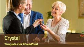  Presentation with hotel key - Slide deck having guests check in at hotel background and a tawny brown colored foreground