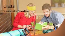  Presentation with kit relax - Presentation theme enhanced with guia - tramping young couple backpack relax background and a  colored foreground