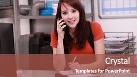  Presentation with customer solutions - PPT theme having guia - woman booking customer appointment background and a red colored foreground