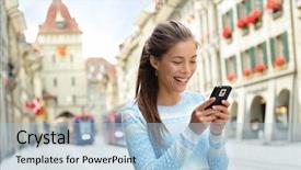  Presentation with smart city - Audience pleasing PPT theme consisting of guia - woman on smart phone walking backdrop and a light blue colored foreground