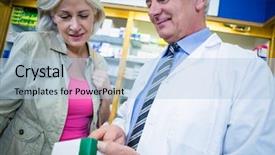  Presentation with pharmacy - Cool new PPT theme with guidance services - pharmacist showing medicine to customer backdrop and a light blue colored foreground