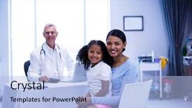  Presentation with patient and doctor - PPT theme featuring guidance services - portrait of smiling doctor background and a light blue colored foreground
