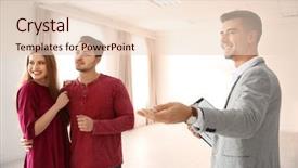  Presentation with real estate - Presentation design featuring guidance services - real estate agent with clients background and a lemonade colored foreground