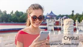  Presentation with travel app - Cool new slides with guided reading - asian tourist using phone app backdrop and a coral colored foreground