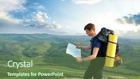  Presentation with tourist - Slide deck consisting of guided reading - man tourist in mountain read background and a tawny brown colored foreground