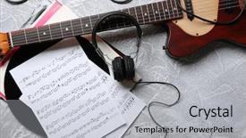  Presentation with electric guitar - Presentation design enhanced with guitar and headphones with music background and a light gray colored foreground