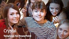  Presentation with group of diverse people - Slide deck consisting of guitar friend - party of group young people background and a  colored foreground