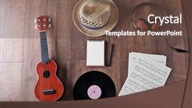  Presentation with sheet music - Presentation theme enhanced with guitar headphones music sheets background and a tawny brown colored foreground
